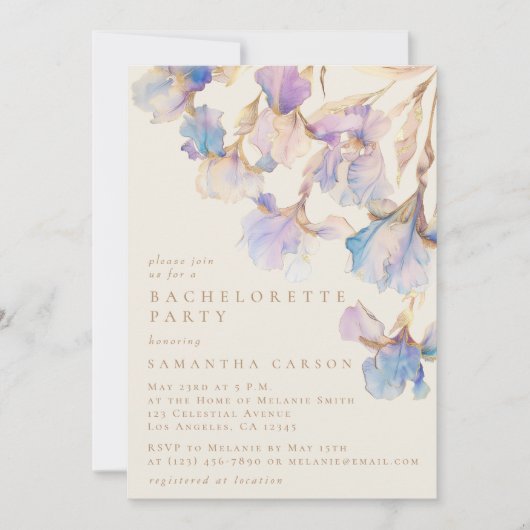 Elegant Iris Bloemen Waterverf Bachelorette Party Kaart (Voorkant)