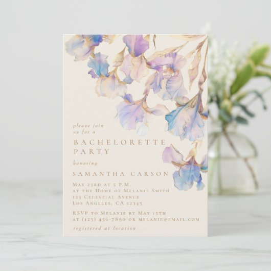 Elegant Iris Bloemen Waterverf Bachelorette Party Kaart (Staand voorkant)