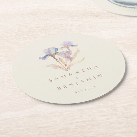 Elegant Iris Bloemen Waterverf Bruiloft Ronde Kartonnen Onderzetter (Gebogen)