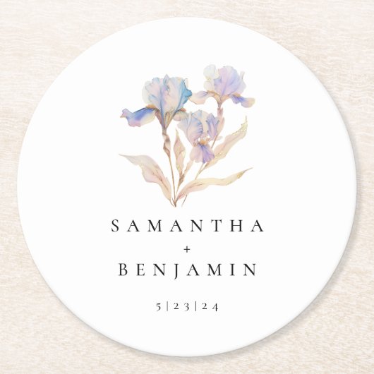 Elegant Iris Bloemen Waterverf Bruiloft Ronde Kartonnen Onderzetter (Voorkant)
