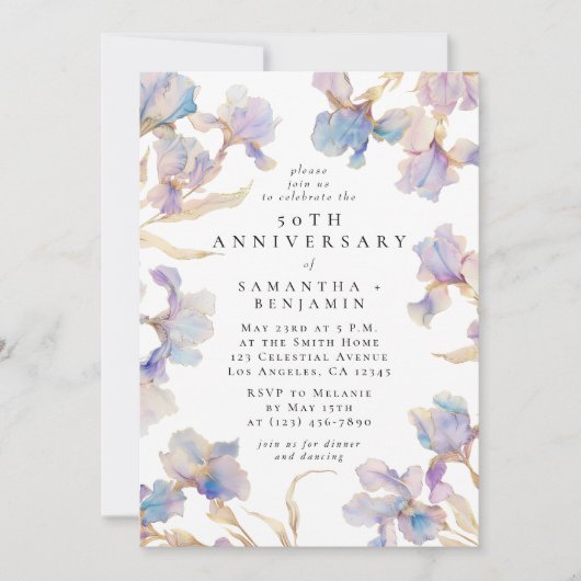 Elegant Iris Bloemen Waterverf Jubileum Party Kaart (Voorkant)