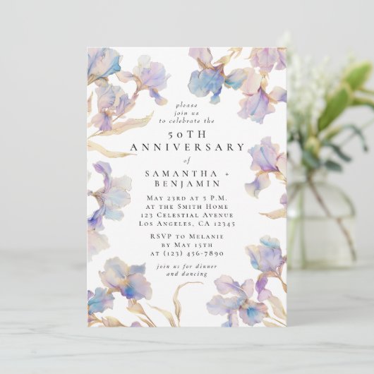 Elegant Iris Bloemen Waterverf Jubileum Party Kaart (Staand voorkant)