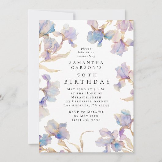 Elegant Iris Bloemen Waterverf Verjaardagsfeest Kaart (Voorkant)