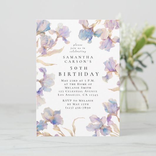 Elegant Iris Bloemen Waterverf Verjaardagsfeest Kaart (Staand voorkant)