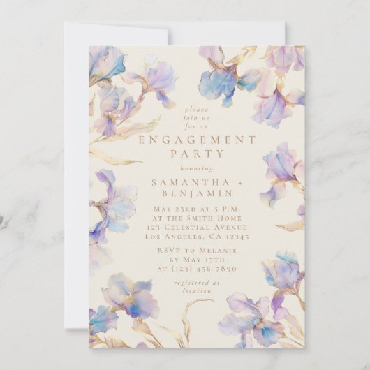 Elegant Iris Bloemen Waterverf Verlovingsfeest Kaart (Voorkant)