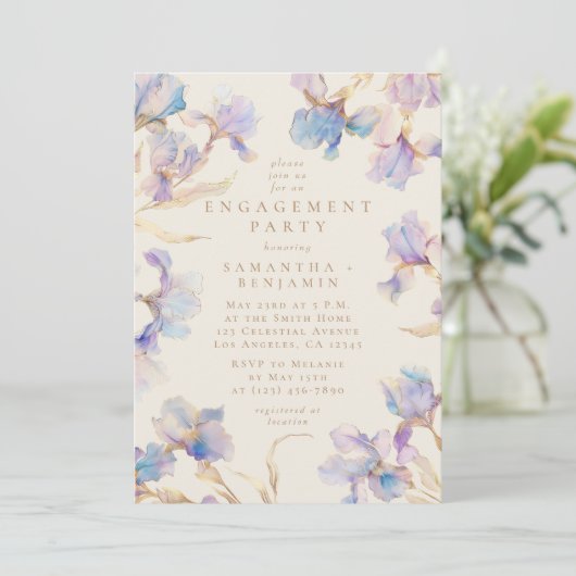 Elegant Iris Bloemen Waterverf Verlovingsfeest Kaart (Staand voorkant)