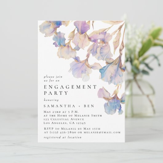 Elegant Iris Bloemen Waterverf Verlovingsfeest Kaart (Staand voorkant)