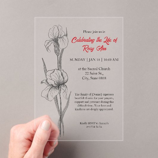 Elegant Iris "Celebrating the Life" Funeral Acryl Uitnodigingen (Insitu (Draagbaar))