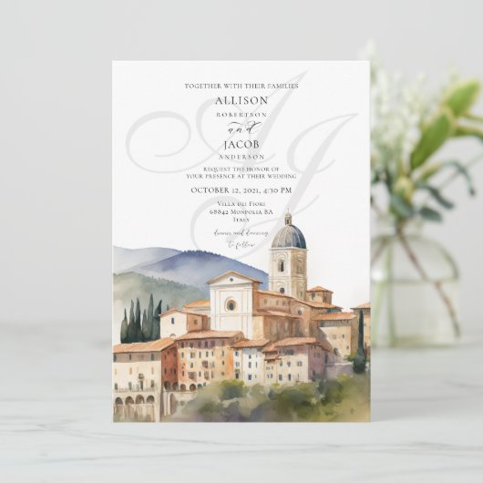 Elegant Italiaans Monogram Bestemming Bruiloft Kaart (Staand voorkant)