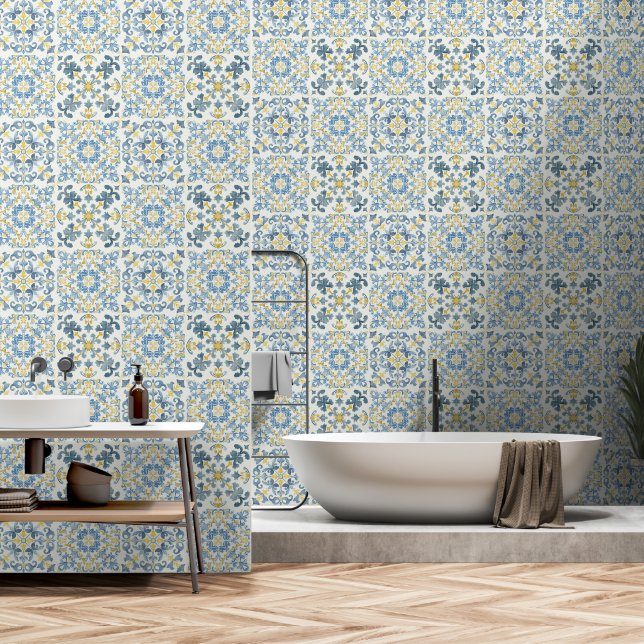 Elegant Italian Blue Tile Behang (Badkamer)