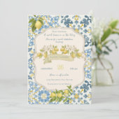 Elegant Italian Blue Tile Lemon Baby Shower Kaart (Staand voorkant)