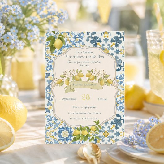 Elegant Italian Blue Tile Lemon Baby Shower Kaart
