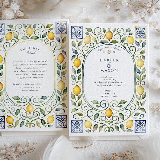 Elegant Italian Lemon & Blue Tile Wedding Kaart