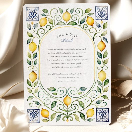 Elegant Italian Lemon & Blue Tile Wedding Kaart