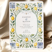 Elegant Italian Lemon & Blue Tile Wedding Kaart