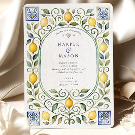 Elegant Italian Lemon & Blue Tile Wedding Kaart