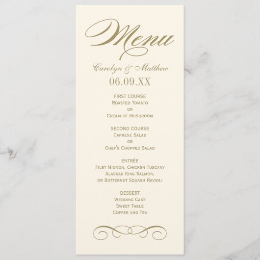 Elegant Ivoor Antiek Goud Scroll Bruiloft Monogram Menu (Voorkant)
