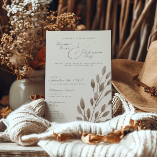 Elegant Ivoor & Ash Herfst Botanische Fotobruiloft Kaart