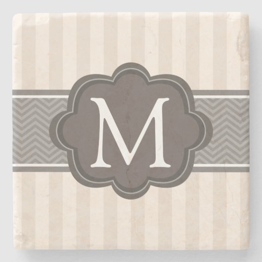 Elegant ivoor beige stripes bruin monogram stenen onderzetter (Voorkant)