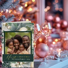  Elegant Ivoor & Blauw Familie Foto Goud Folie Feestdagenkaart