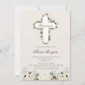 Elegant Ivoor Bloemen Cross Baptism Uitnodiging (Voorkant)