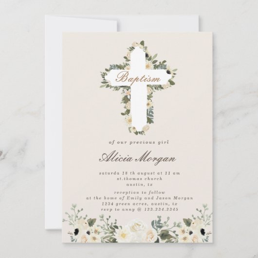 Elegant Ivoor Bloemen Cross Baptism Uitnodiging (Voorkant)
