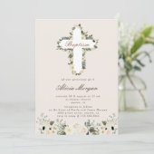 Elegant Ivoor Bloemen Cross Baptism Uitnodiging (Staand voorkant)