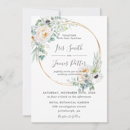 Elegant Ivoor Bloemen Groen Goud Lijst Bruiloft Kaart (Voorkant)