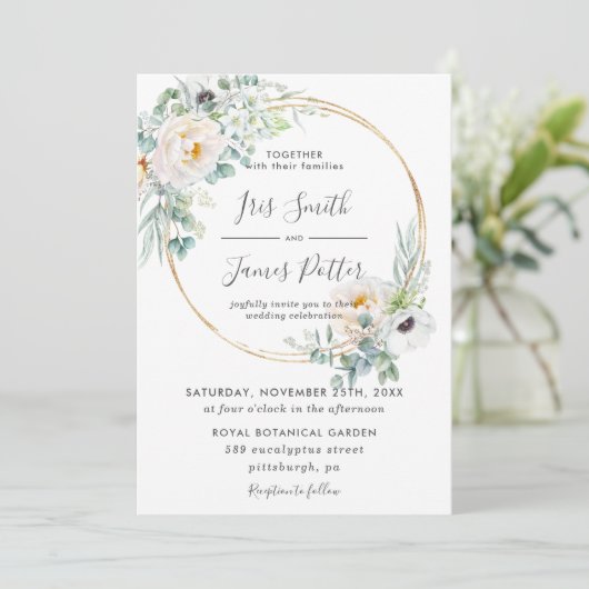 Elegant Ivoor Bloemen Groen Goud Lijst Bruiloft Kaart (Staand voorkant)