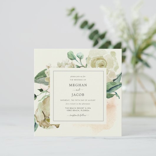Elegant Ivoor Bloemen Tuin Bruiloft Uitnodiging (Staand voorkant)