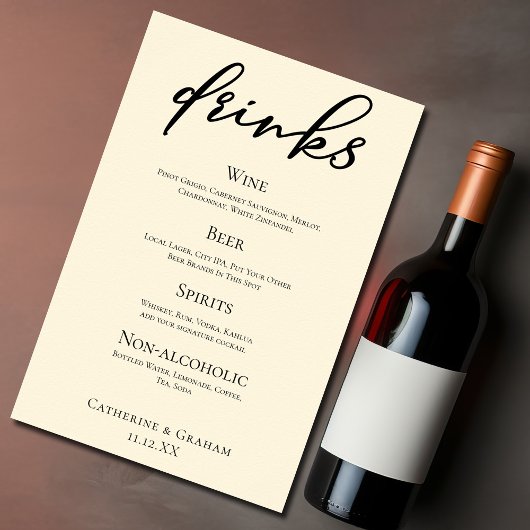 Elegant Ivoor Eenvoudig Bruiloft Bar Menu Drinken Poster