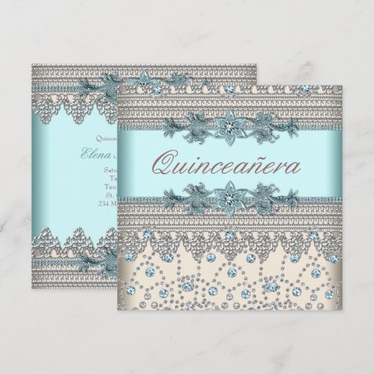 Elegant ivoor en Blauwgroen Blue Quinceanera Kaart (Voorkant / Achterkant)