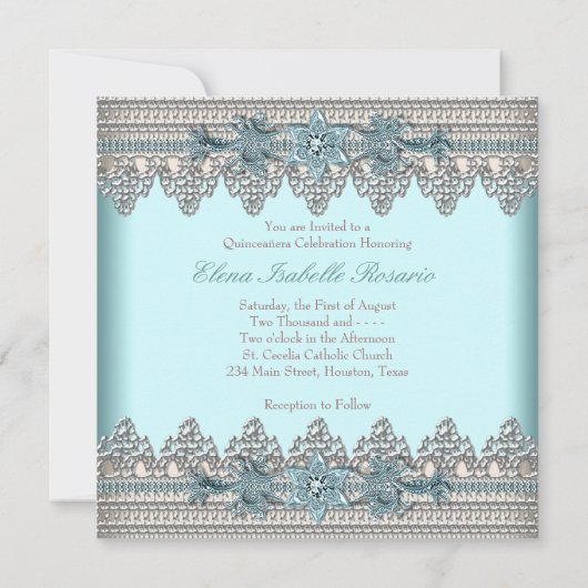 Elegant ivoor en Blauwgroen Blue Quinceanera Kaart (Achterkant)