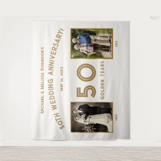 Elegant Ivoor en Goud 50ste Jubileum Banner Wandkleed (Voorkant)