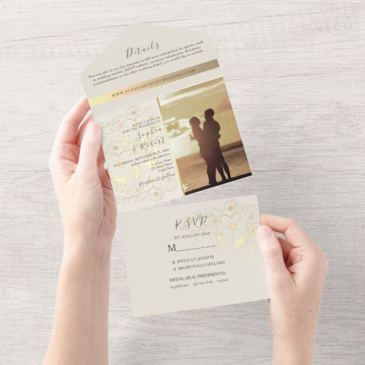 Elegant Ivoor en Gouden Bruiloft All In One Uitnodiging (Afscheurbaar)