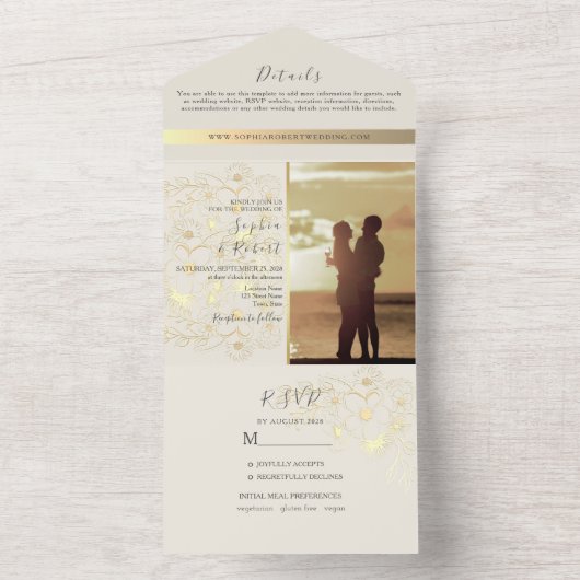 Elegant Ivoor en Gouden Bruiloft All In One Uitnodiging (Binnen)