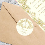 Elegant ivoor en gouden vintage bruiloft sjabloon ronde sticker<br><div class="desc">Elegant ivoor en goud  rococo  lijst monogram bruiloft sjabloon stickers bruid en bruidegom namen stickers</div>