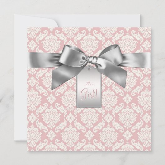Elegant ivoor en roze Damask Baby shower Kaart (Voorkant)