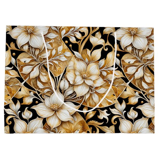 Elegant ivoor en zwart; bloemenpapier groot cadeauzakje (Achterkant)