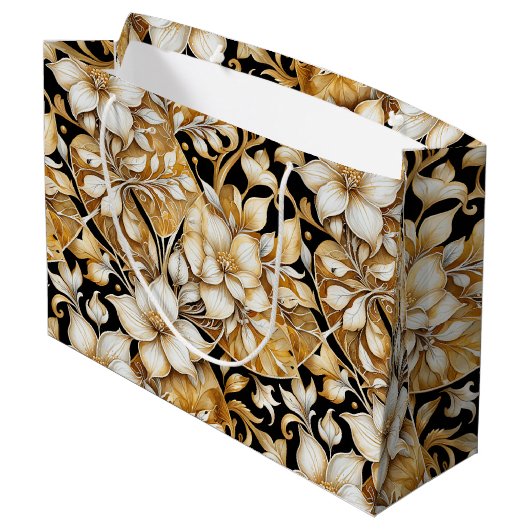 Elegant ivoor en zwart; bloemenpapier groot cadeauzakje (Achterkant Gekanteld)
