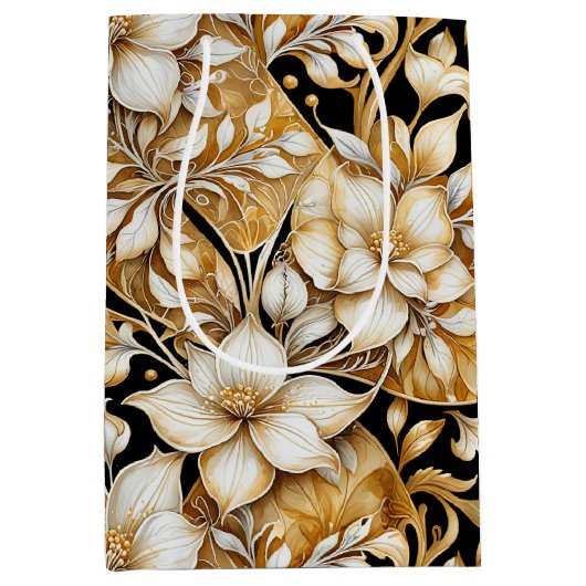 Elegant ivoor en zwart; bloemenpapier medium cadeauzakje (Voorkant)