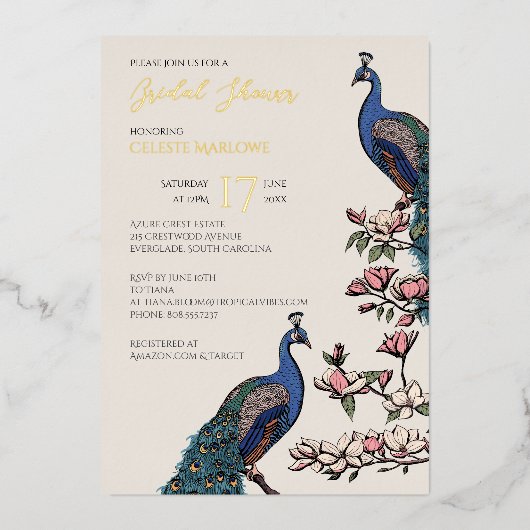 Elegant ivoor Floral Peacock Vrijgezellenfeest Folie Uitnodiging (Voorkant)