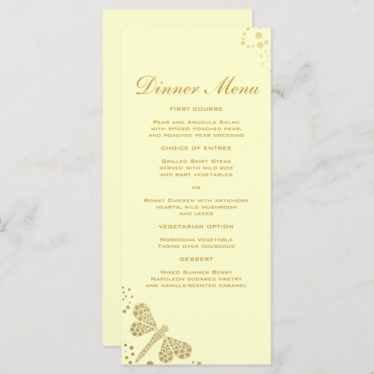 Elegant Ivoor & Gold Dragonfly Slim Dinner Menu (Voorkant / Achterkant)