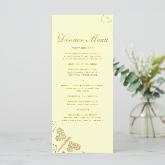 Elegant Ivoor & Gold Dragonfly Slim Dinner Menu (Staand voorkant)