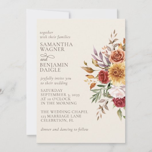 Elegant Ivoor Herfst Bloemen Bruiloft Uitnodiging (Voorkant)