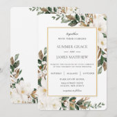 Elegant Ivoor Magnolia Bloemen Groen Bruiloft Kaart (Voorkant / Achterkant)