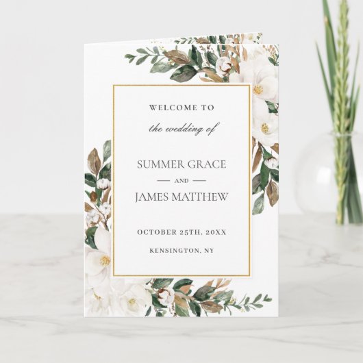 Elegant Ivoor Magnolia Bloemen Groen Bruiloft Programma (Voorkant)