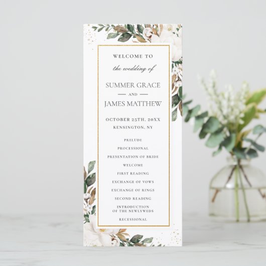 Elegant Ivoor Magnolia Bloemen Groen Bruiloft Programmakaart (Staand voorkant)