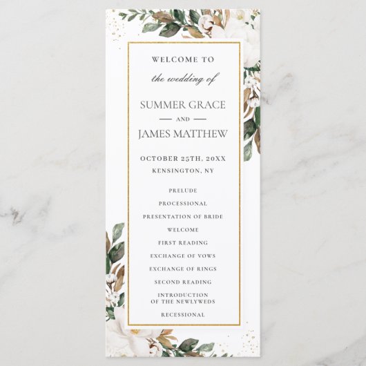 Elegant Ivoor Magnolia Bloemen Groen Bruiloft Programmakaart (Voorkant)