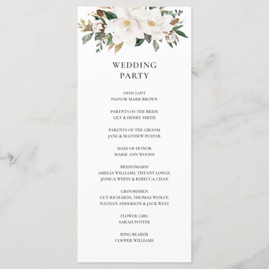 Elegant Ivoor Magnolia Bloemen Groen Bruiloft Programmakaart (Achterkant)